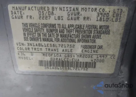 2008 Nissan Sentra 2.0 z USA, uszkodzony, nr VIN 3N1AB61E58L721752